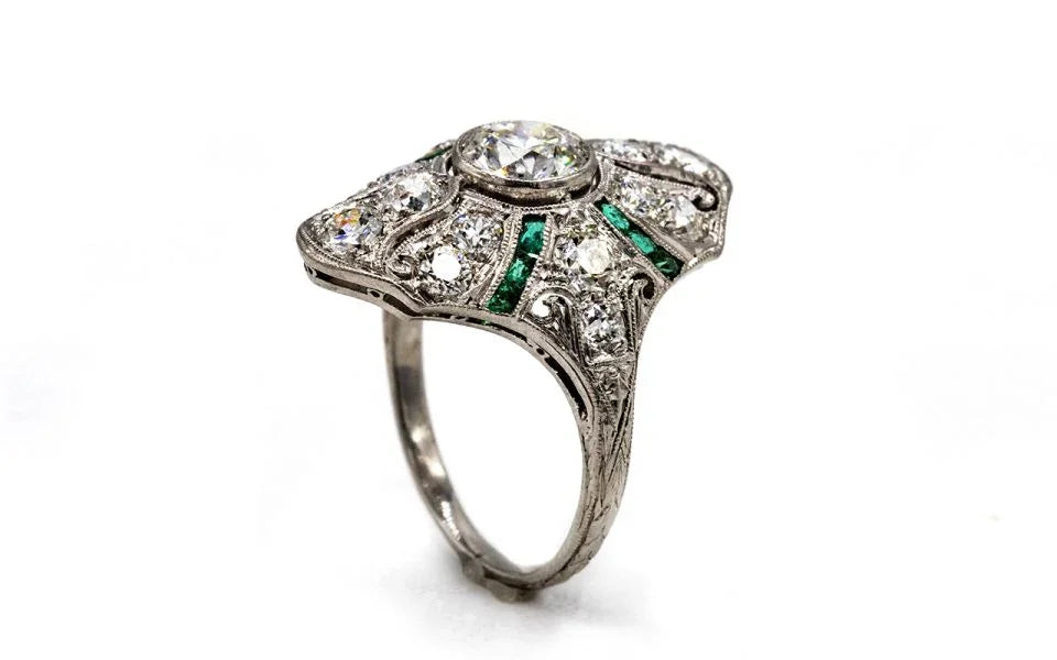 Art Deco Platinum Diamond & Emerald Ring - The Back Vault