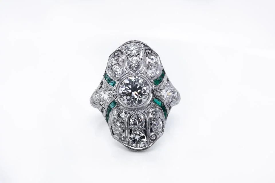 Art Deco Platinum Diamond & Emerald Ring - The Back Vault