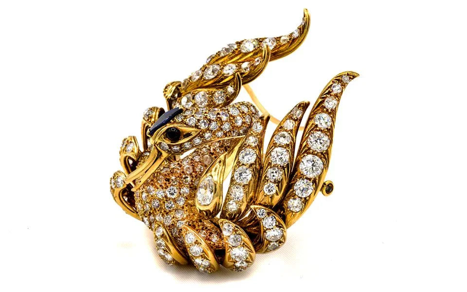 French 18K Yellow Gold Swan Diamond 16.00cttw Brooch - The Back Vault