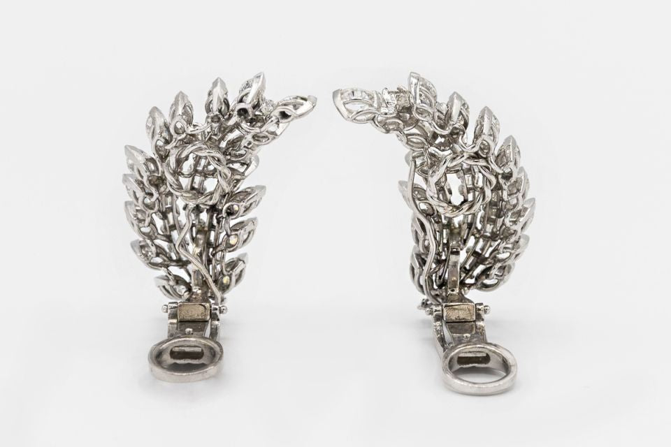 Art Deco Platinum Diamond 10.00cttw Leaf Earrings