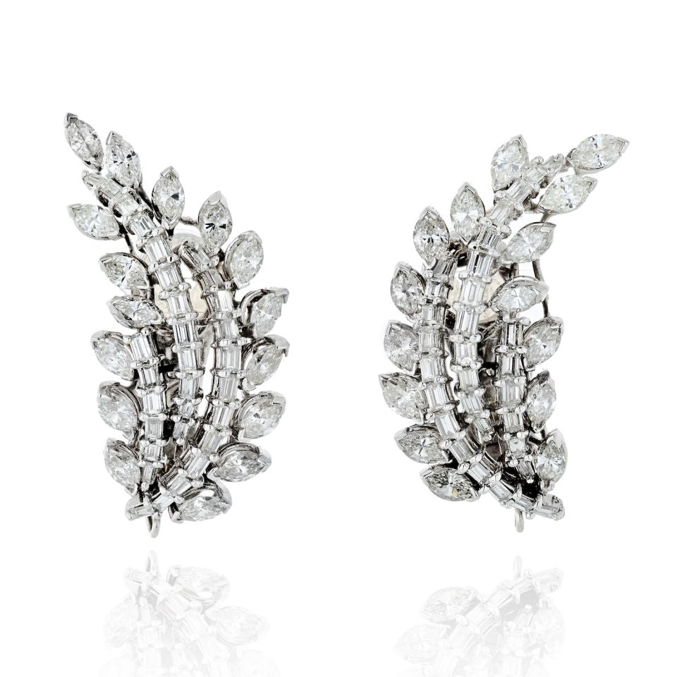 Art Deco Platinum Diamond 10.00cttw Leaf Earrings
