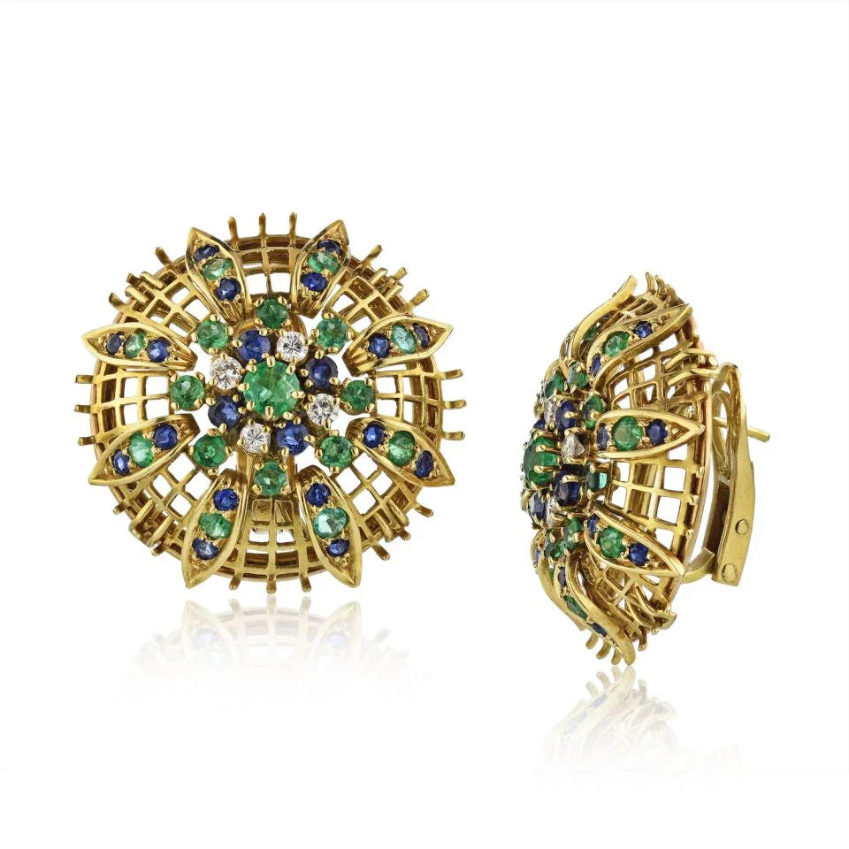 Green Emerald, Sapphires And Diamonds 18K Yellow Gold Open Wirework Estate Earrings - The Back Vault