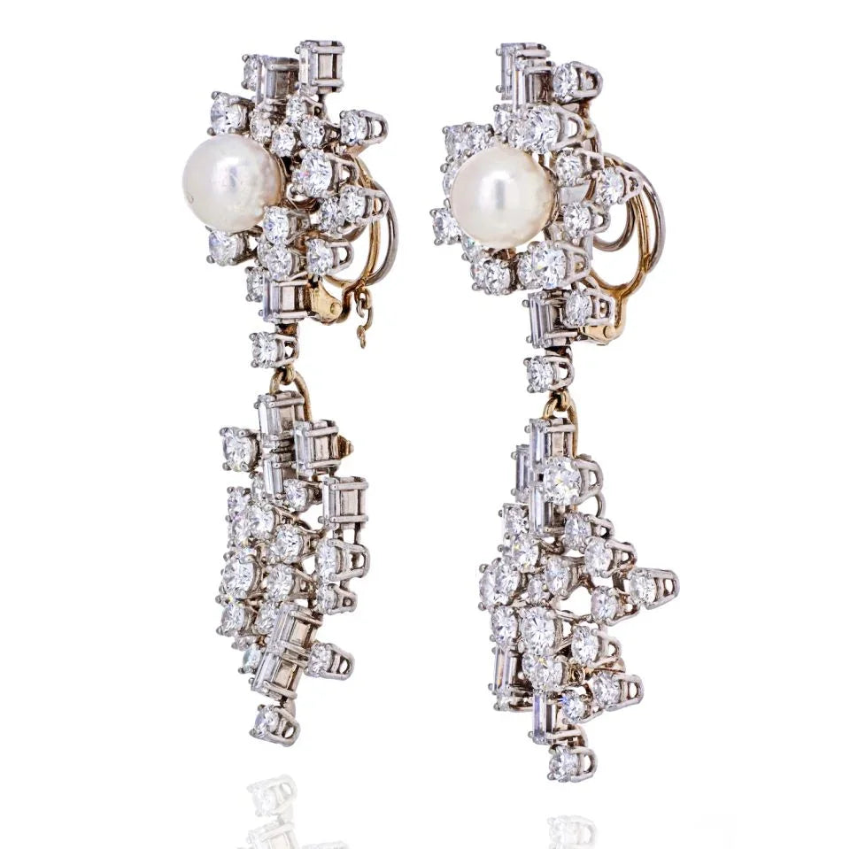 Chaumet 1950's Platinum Diamond And Pearl Drop Dangle Earrings - The Back Vault