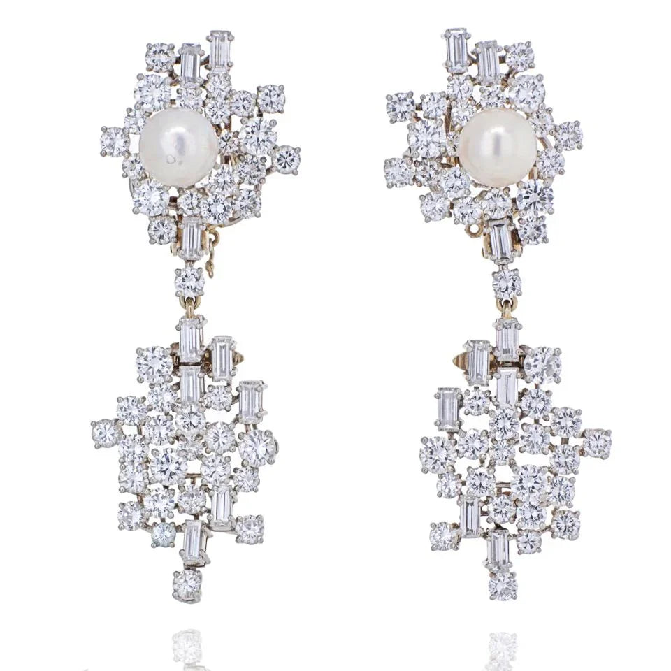 Chaumet 1950's Platinum Diamond And Pearl Drop Dangle Earrings - The Back Vault
