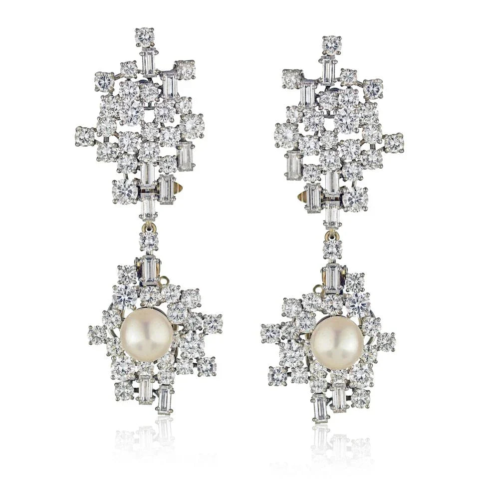 Chaumet 1950's Platinum Diamond And Pearl Drop Dangle Earrings - The Back Vault