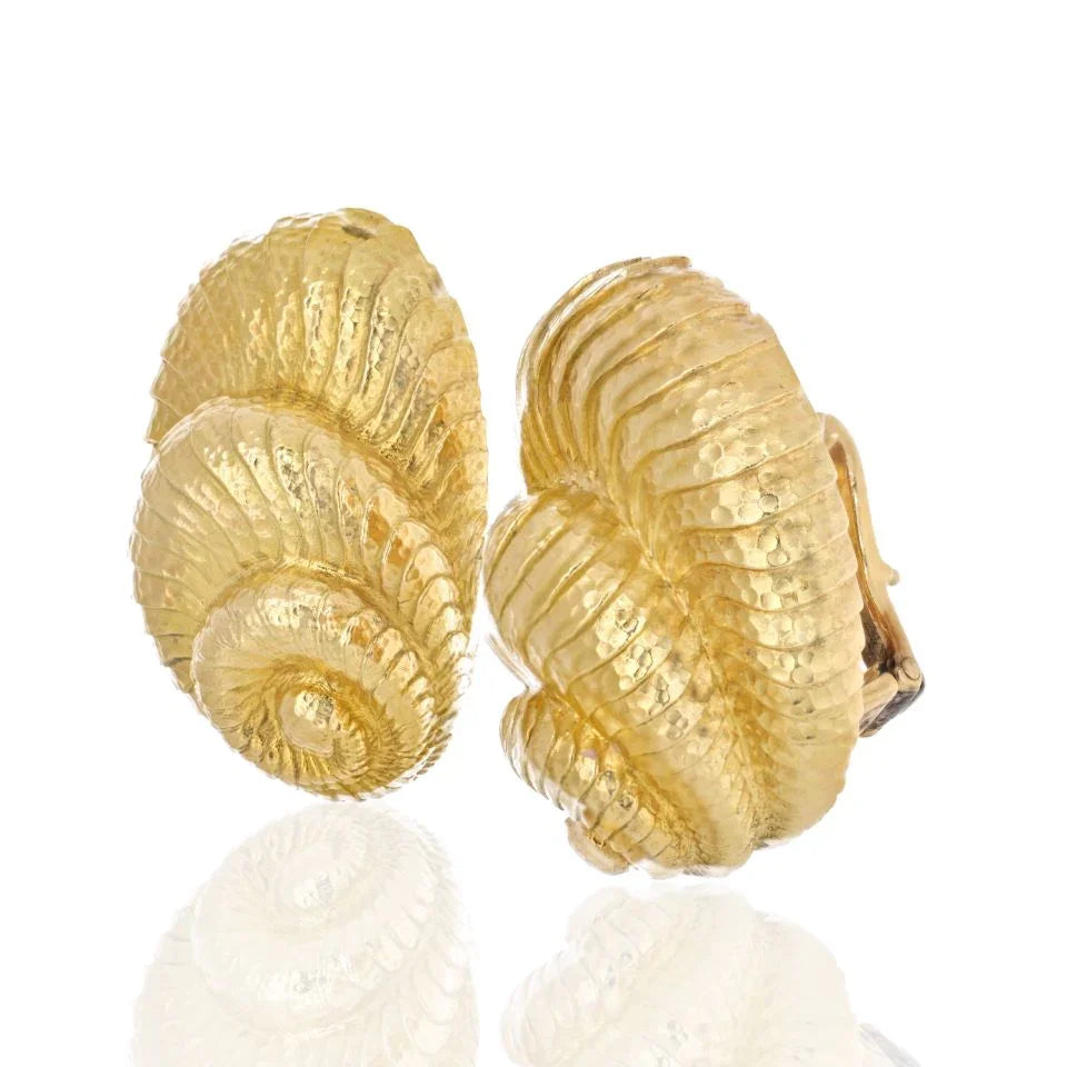 David Webb Shell Platinum & 18K Yellow Gold Hammered Finish Earrings - The Back Vault
