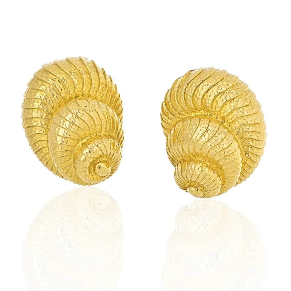 David Webb Shell Platinum & 18K Yellow Gold Hammered Finish Earrings - The Back Vault
