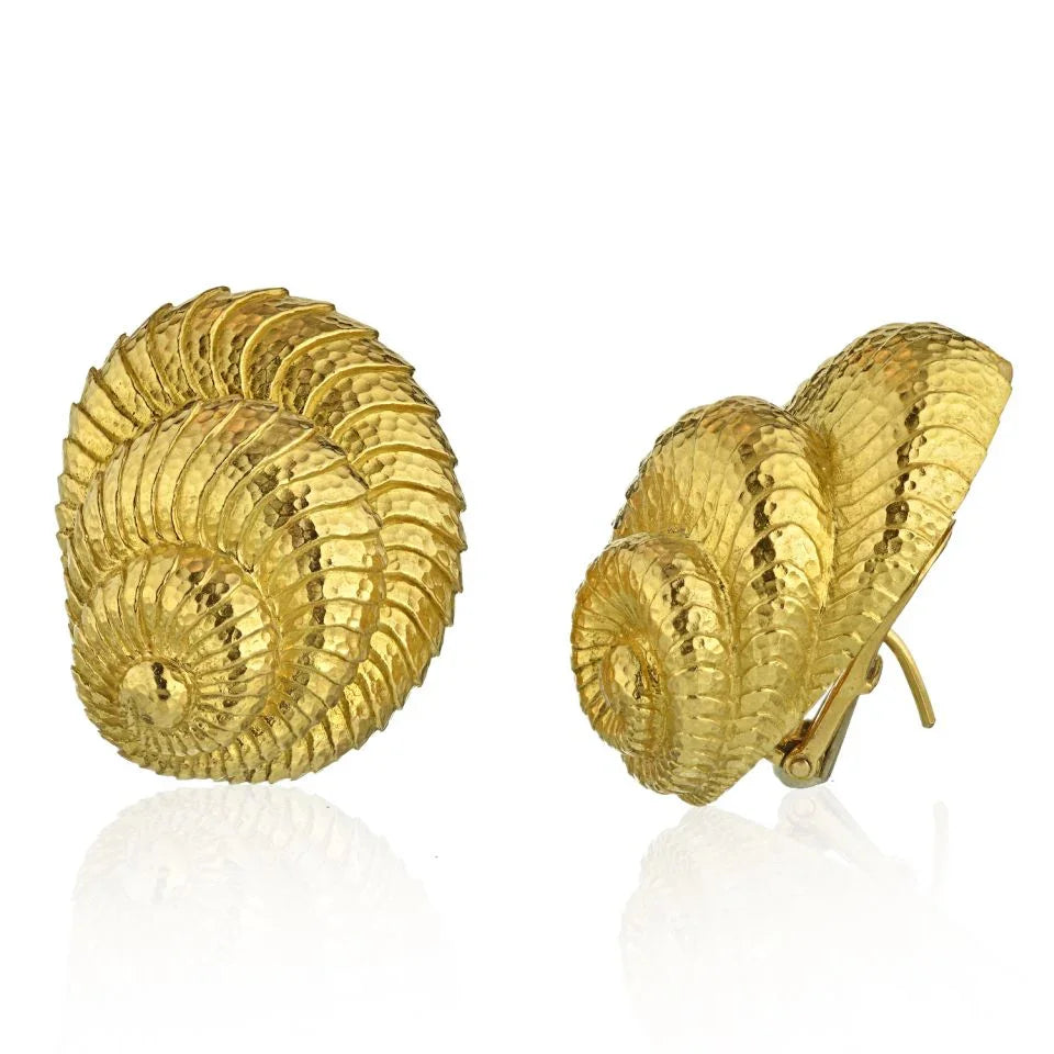 David Webb Shell Platinum & 18K Yellow Gold Hammered Finish Earrings - The Back Vault