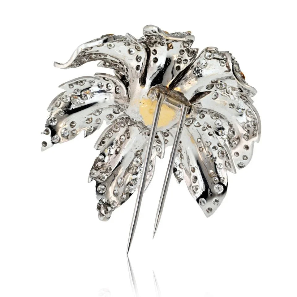 1970's Platinum & 18K Yellow Gold 25 Carat Diamond Flower Brooch - The Back Vault
