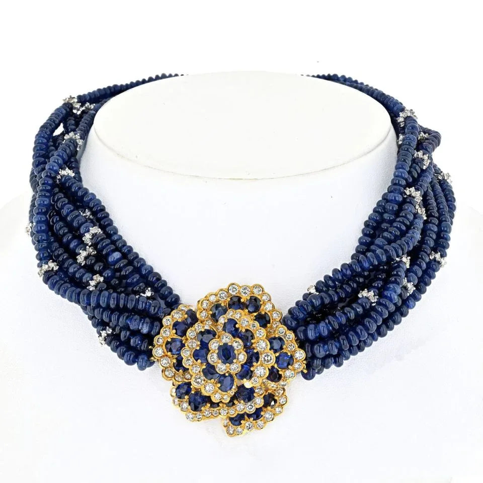 Sapphire Beads 18K Yellow Gold Diamond Flower Multi-Strand