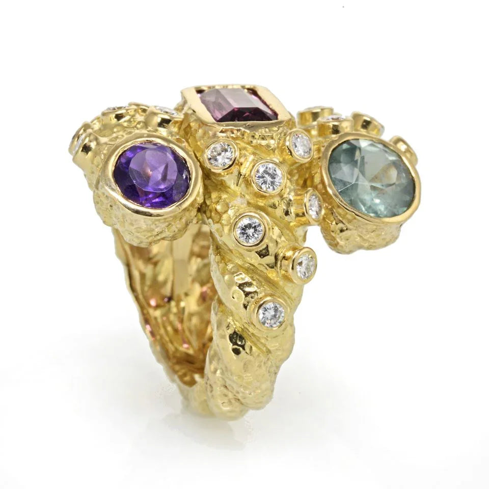 David Webb 18K Yellow Gold Multi Colored Stone and Diamond Ring - The Back Vault