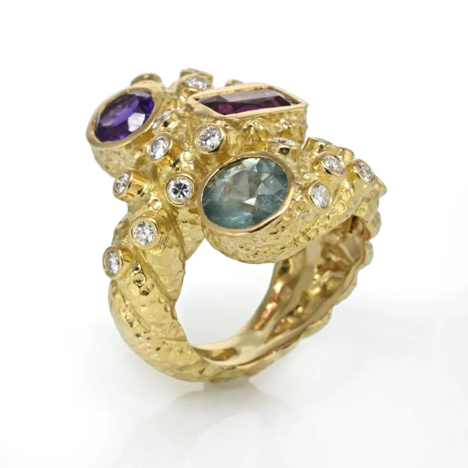 David Webb 18K Yellow Gold Multi Colored Stone and Diamond Ring - The Back Vault