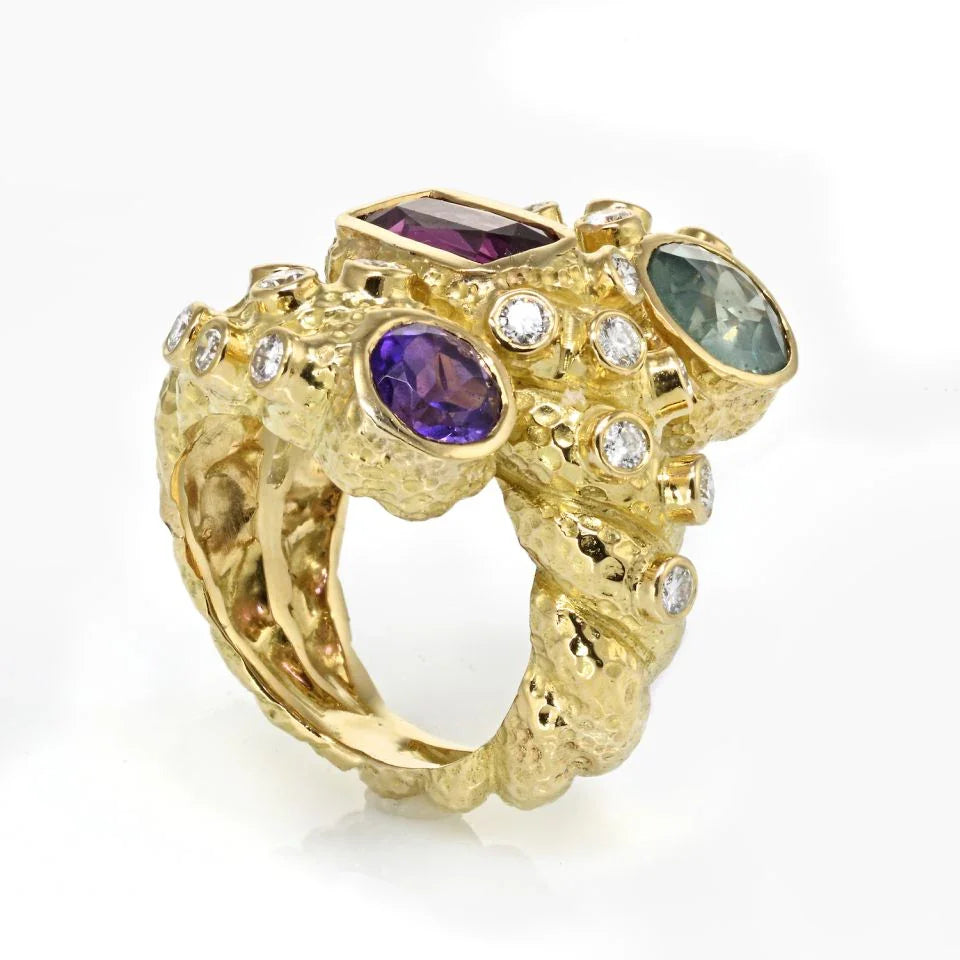 David Webb 18K Yellow Gold Multi Colored Stone and Diamond Ring - The Back Vault