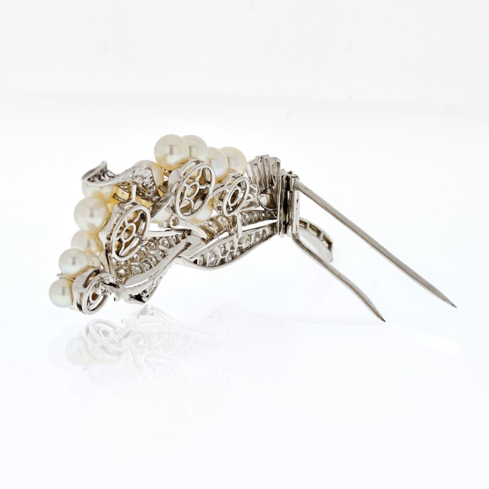 1950's Platinum 7 Carat Diamond And Pearl Gatsby Style Brooch
