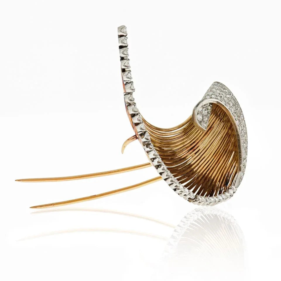 1940's Platinum & 18K Yellow Gold Swoosh 3.00cts Diamond Wire Brooch - The Back Vault