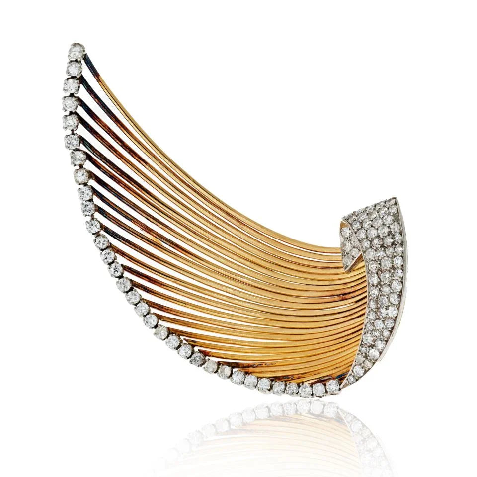 1940's Platinum & 18K Yellow Gold Swoosh 3.00cts Diamond Wire Brooch - The Back Vault