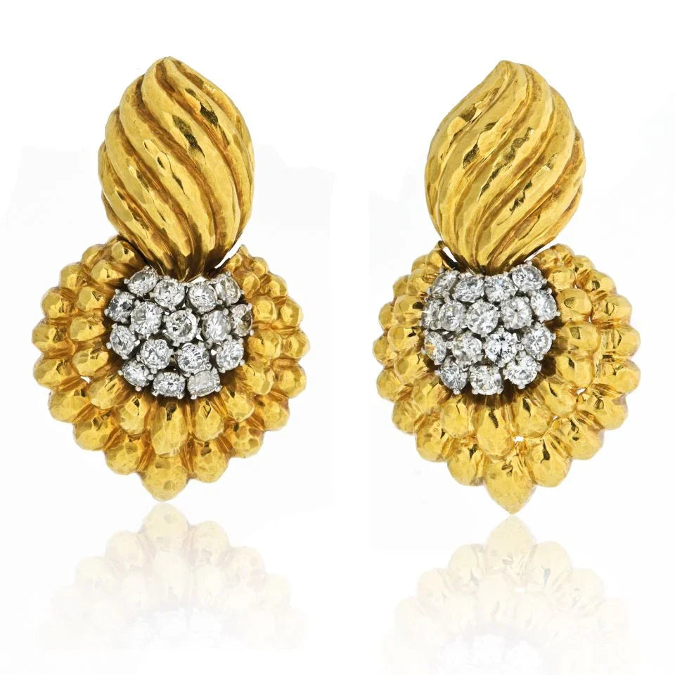 David Webb Hammered Platinum & 18K Yellow Gold Door Knocker Diamond 7.00cts Earrings - The Back Vault