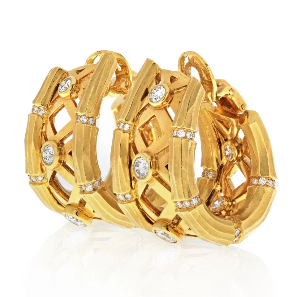 Cartier 18K Yellow Gold Bamboo 1.50 carats Diamond Huggie Earrings - The Back Vault