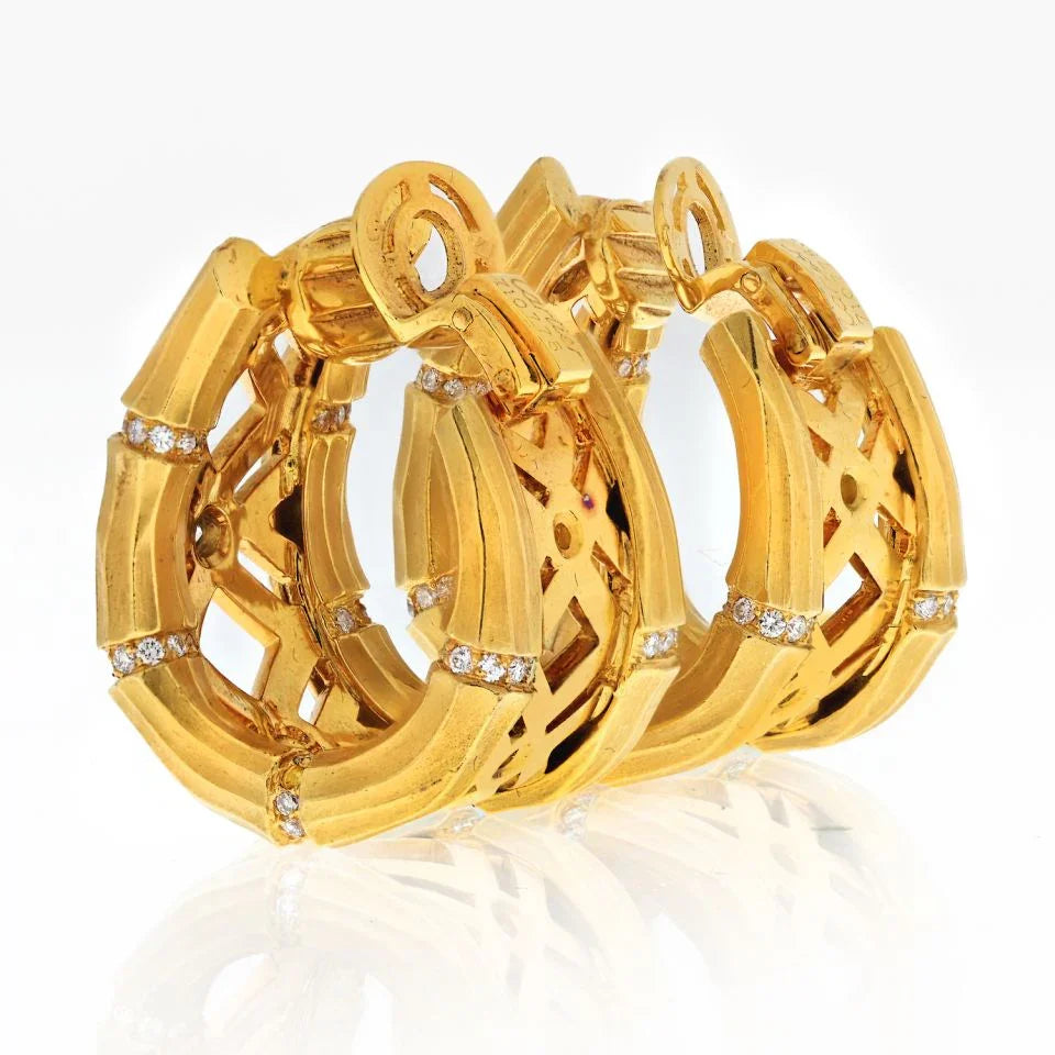 Cartier 18K Yellow Gold Bamboo 1.50 carats Diamond Huggie Earrings - The Back Vault