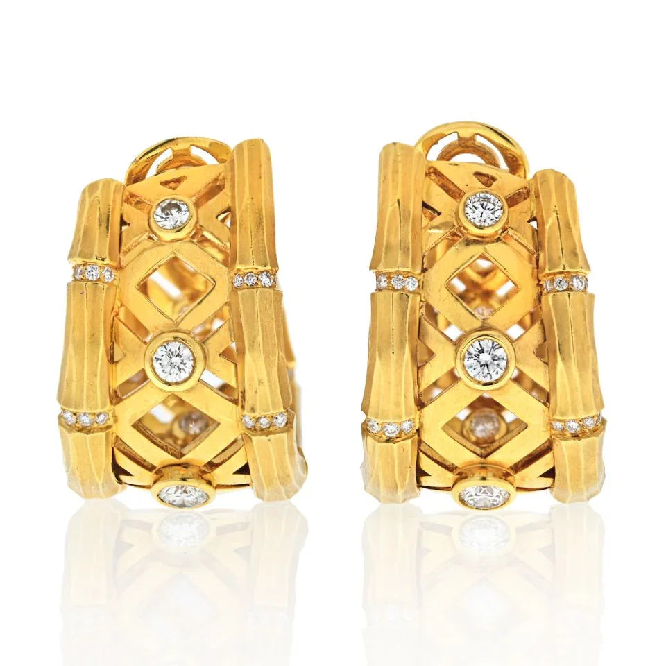 Cartier 18K Yellow Gold Bamboo 1.50 carats Diamond Huggie Earrings - The Back Vault