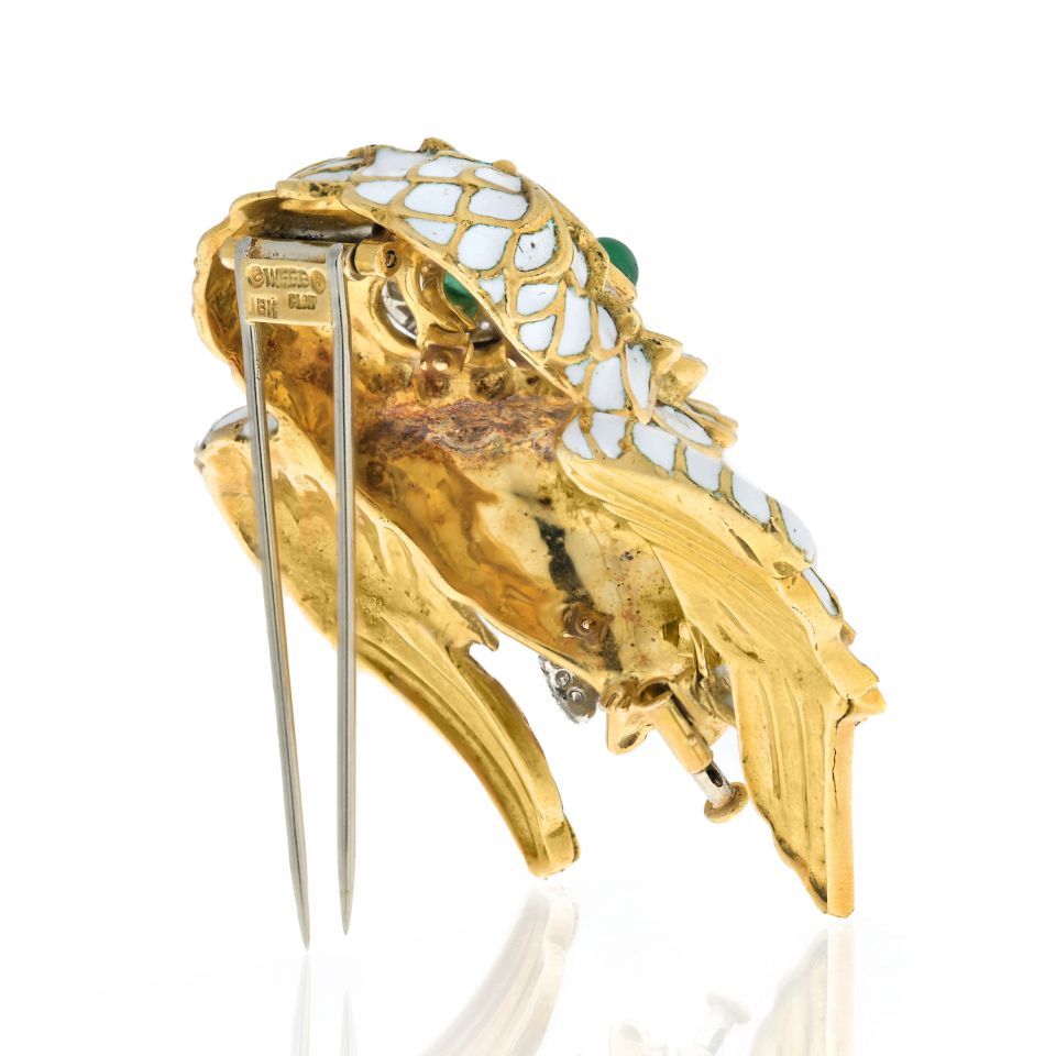 David Webb Platinum & 18K Yellow Gold White Enamel Owl Brooch