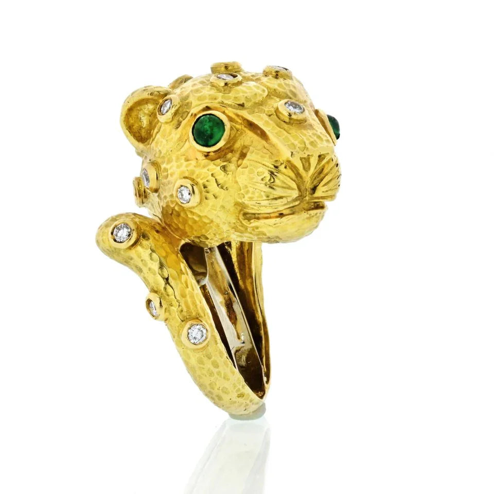 David Webb Leopard 18K Yellow Gold Green Emeralds, Diamonds Ring - The Back Vault