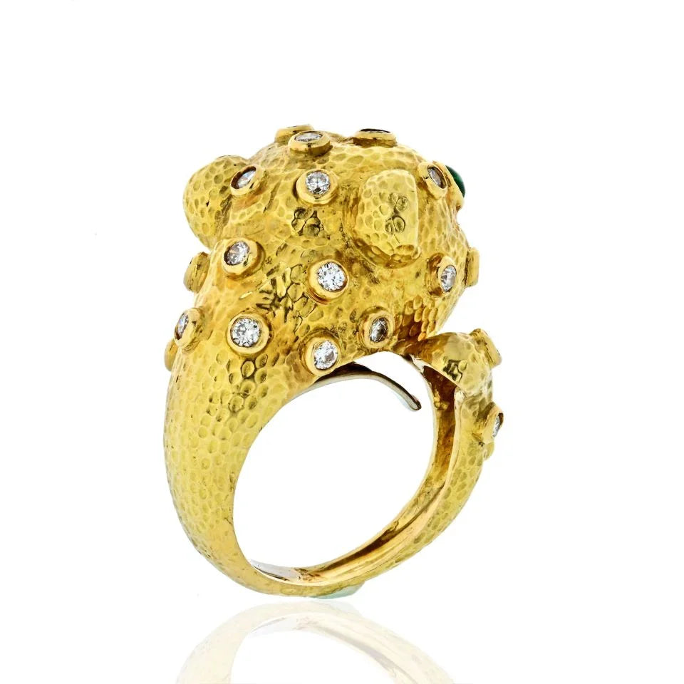 David Webb Leopard 18K Yellow Gold Green Emeralds, Diamonds Ring - The Back Vault