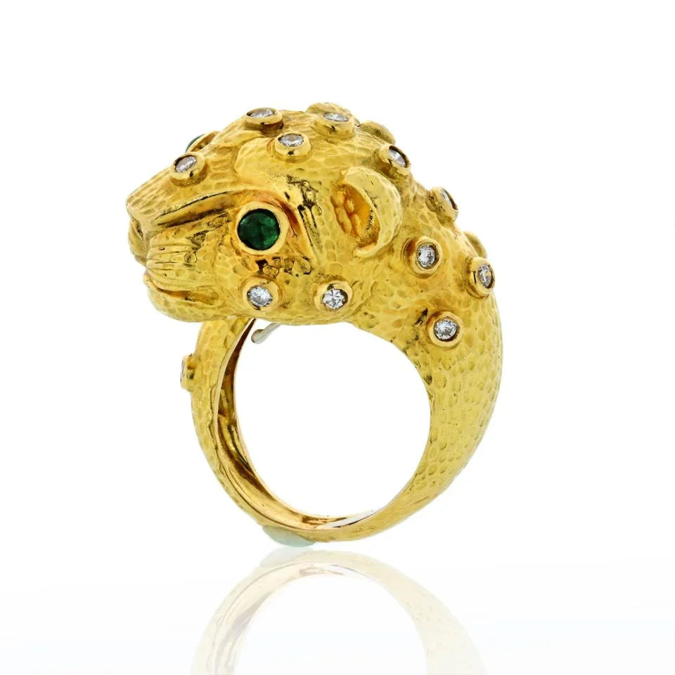 David Webb Leopard 18K Yellow Gold Green Emeralds, Diamonds Ring - The Back Vault