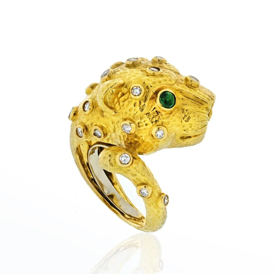 David Webb Leopard 18K Yellow Gold Green Emeralds, Diamonds Ring - The Back Vault