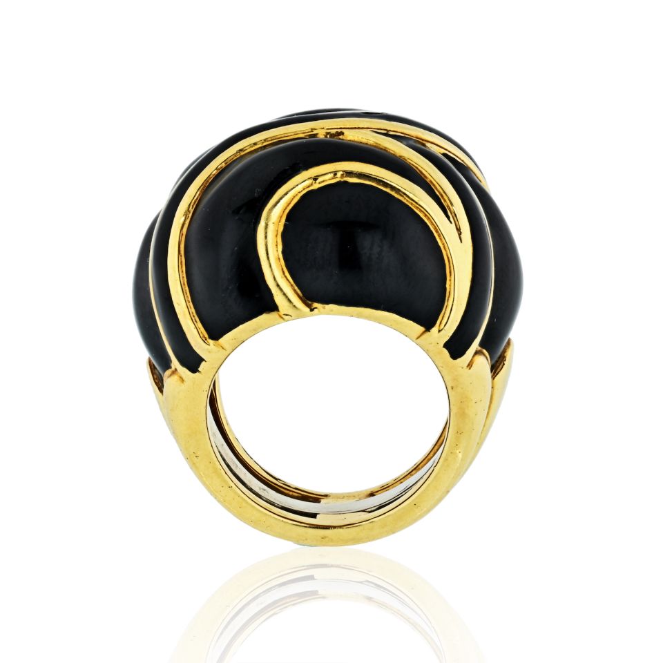 David Webb Platinum & 18K Yellow Gold Bombe Black Enamel Ring