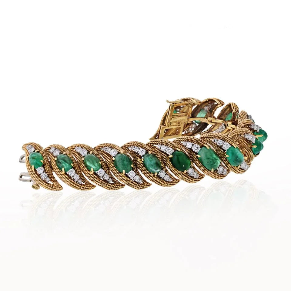 David Webb Platinum & 18K Yellow Gold Diamonds, Cabochon Emeralds Bracelet - The Back Vault