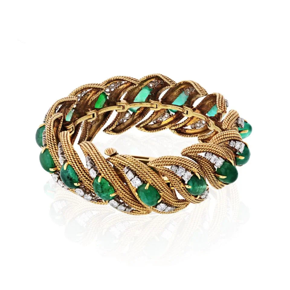 David Webb Platinum & 18K Yellow Gold Diamonds, Cabochon Emeralds Bracelet - The Back Vault
