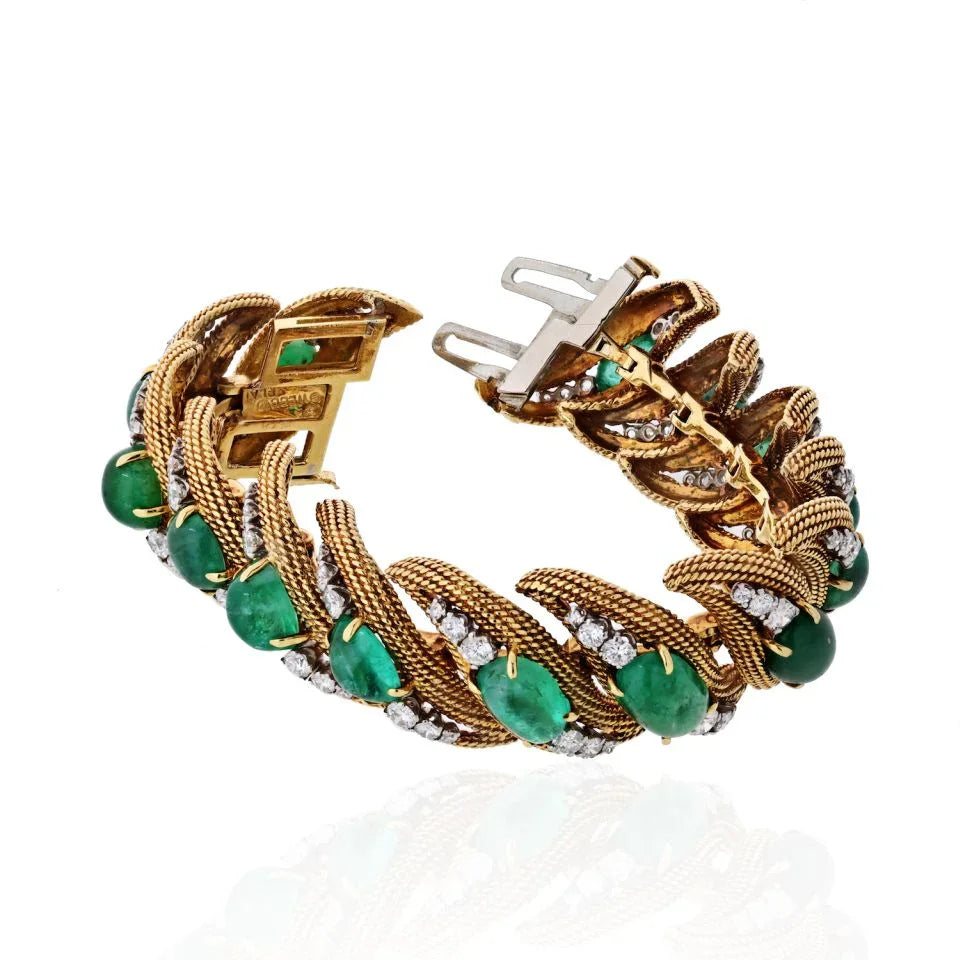 David Webb Platinum & 18K Yellow Gold Diamonds, Cabochon Emeralds Bracelet - The Back Vault