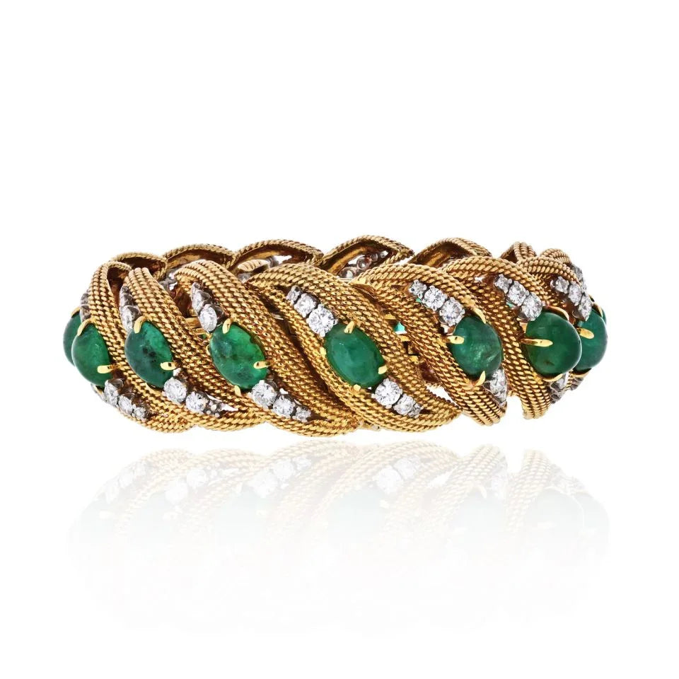 David Webb Platinum & 18K Yellow Gold Diamonds, Cabochon Emeralds Bracelet - The Back Vault