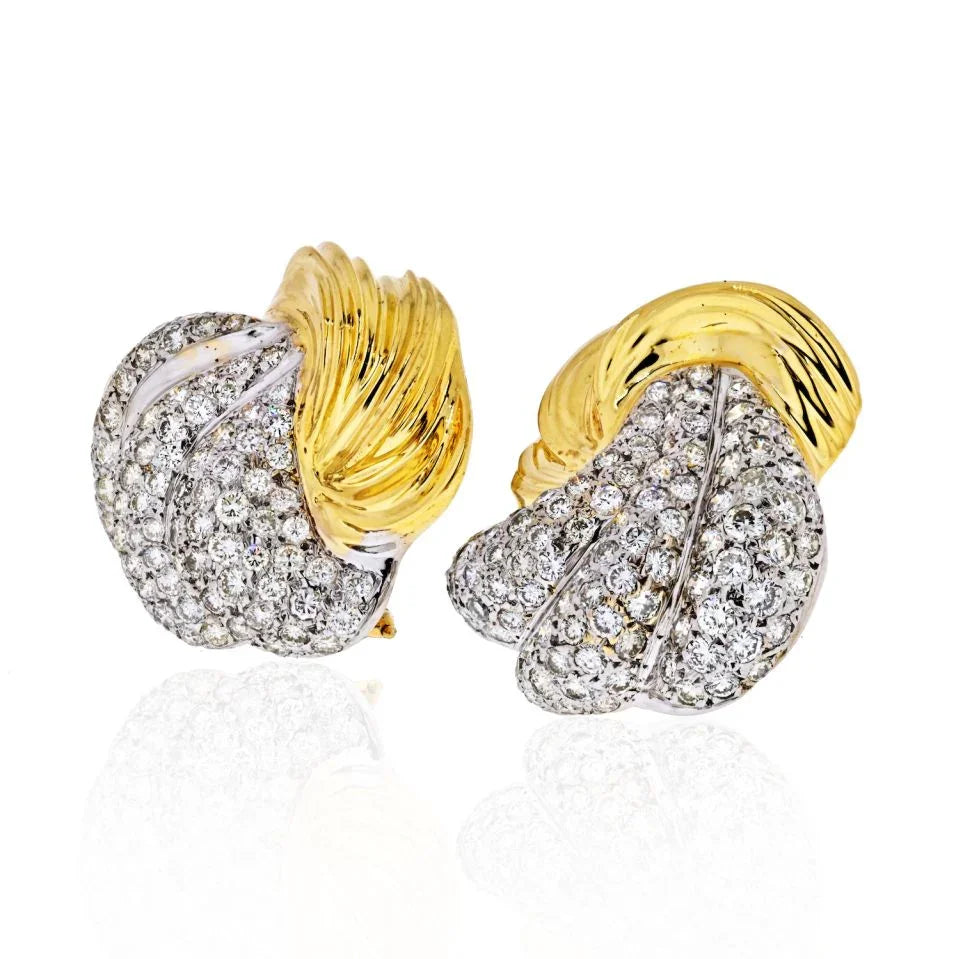 18K Two Tone 9.50 carat Large Fluted Estate Diamond Clip Earrings - The Back Vault