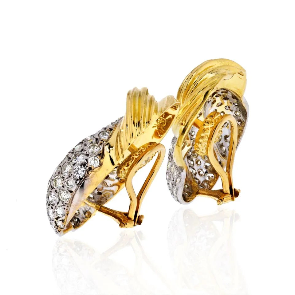 18K Two Tone 9.50 carat Large Fluted Estate Diamond Clip Earrings - The Back Vault