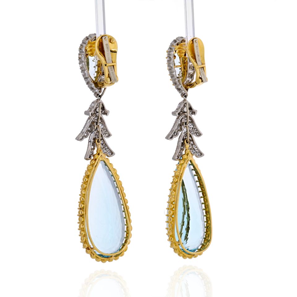 David Webb Platinum & 18K Yellow Gold Teardrop Aquamarine And Diamond Dangling Earrings