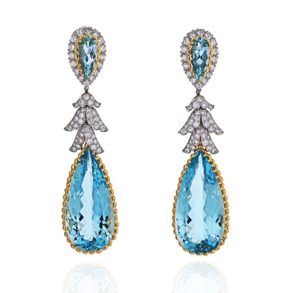 David Webb Platinum & 18K Yellow Gold Teardrop Aquamarine And Diamond Dangling Earrings