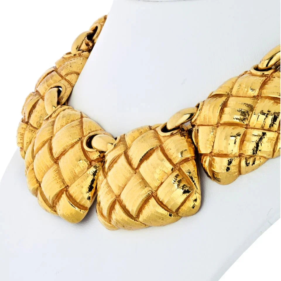 David Webb 18K Yellow Gold Bib Style Basket Weave Necklace - The Back Vault