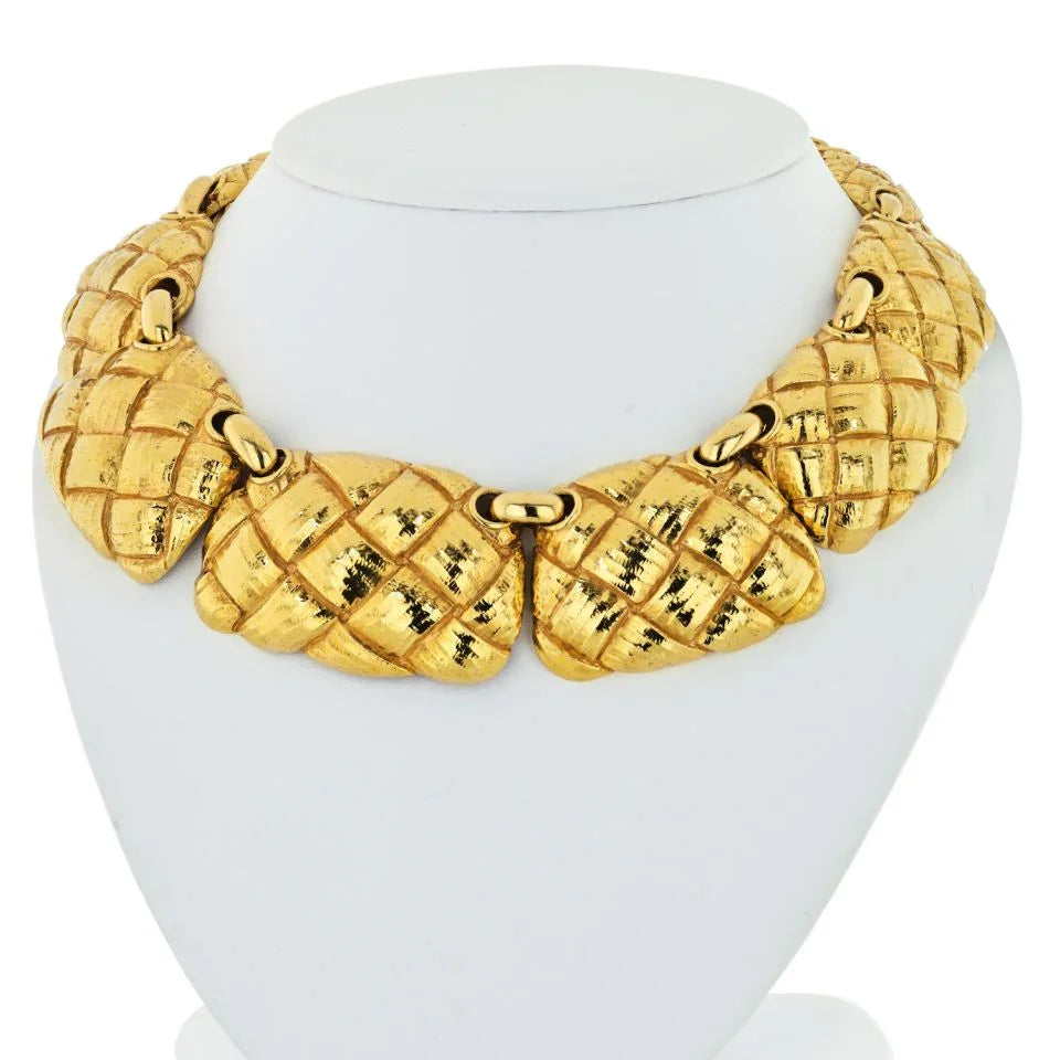 David Webb 18K Yellow Gold Bib Style Basket Weave Necklace - The Back Vault