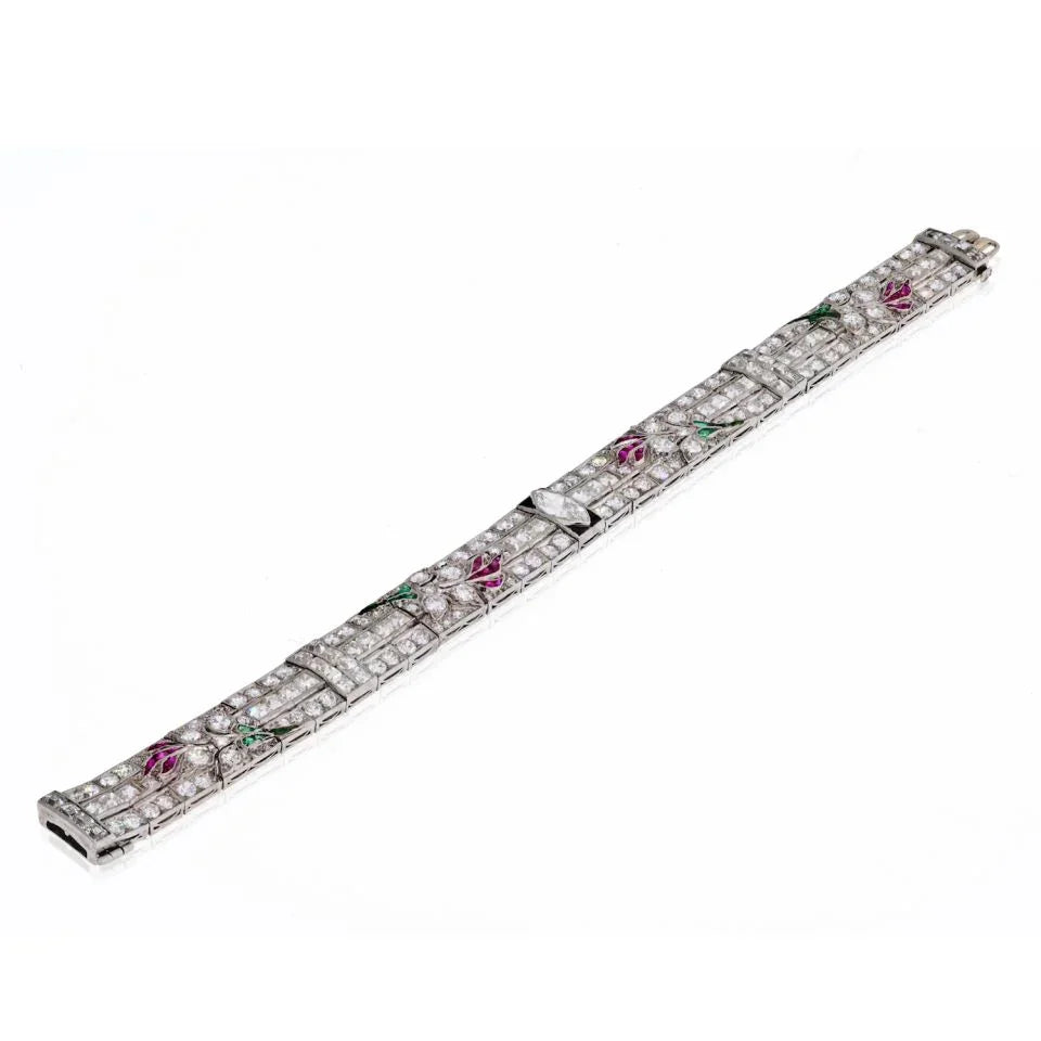 Art Deco Platinum Diamond, Emerald and Ruby, With Onyx Accents Bracelet - The Back Vault