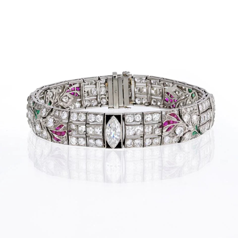 Art Deco Platinum Diamond, Emerald and Ruby, With Onyx Accents Bracelet - The Back Vault