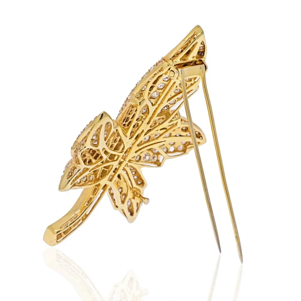 18K Yellow Gold Round And Baguette Diamond Maple Leaf Brooch - The Back Vault