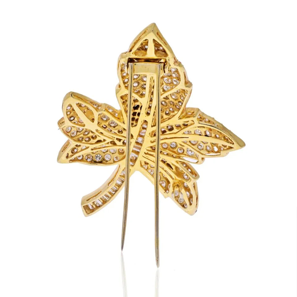 18K Yellow Gold Round And Baguette Diamond Maple Leaf Brooch - The Back Vault