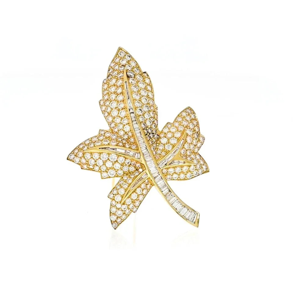 18K Yellow Gold Round And Baguette Diamond Maple Leaf Brooch - The Back Vault