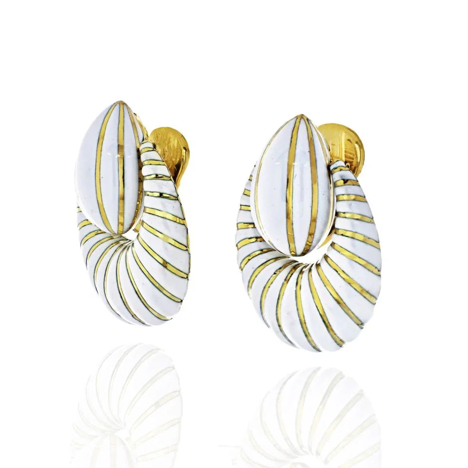 David Webb 18K Yellow Gold White Enamel Door Knockers Earrings - The Back Vault