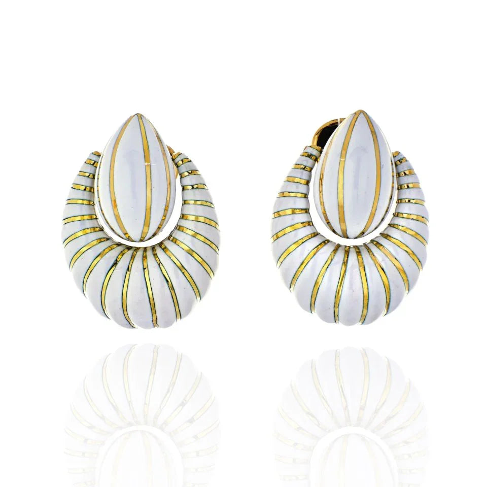 David Webb 18K Yellow Gold White Enamel Door Knockers Earrings - The Back Vault