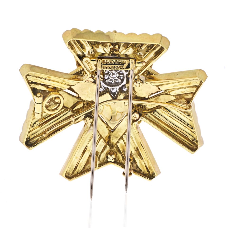David Webb Platinum & 18K Yellow Gold Important Vintage Maltese Crosee White Enamel Brooch