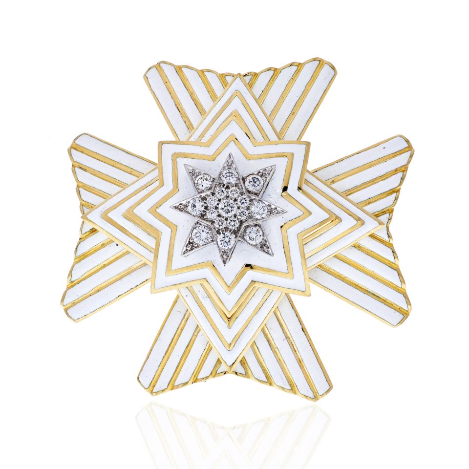 David Webb Platinum & 18K Yellow Gold Important Vintage Maltese Crosee White Enamel Brooch