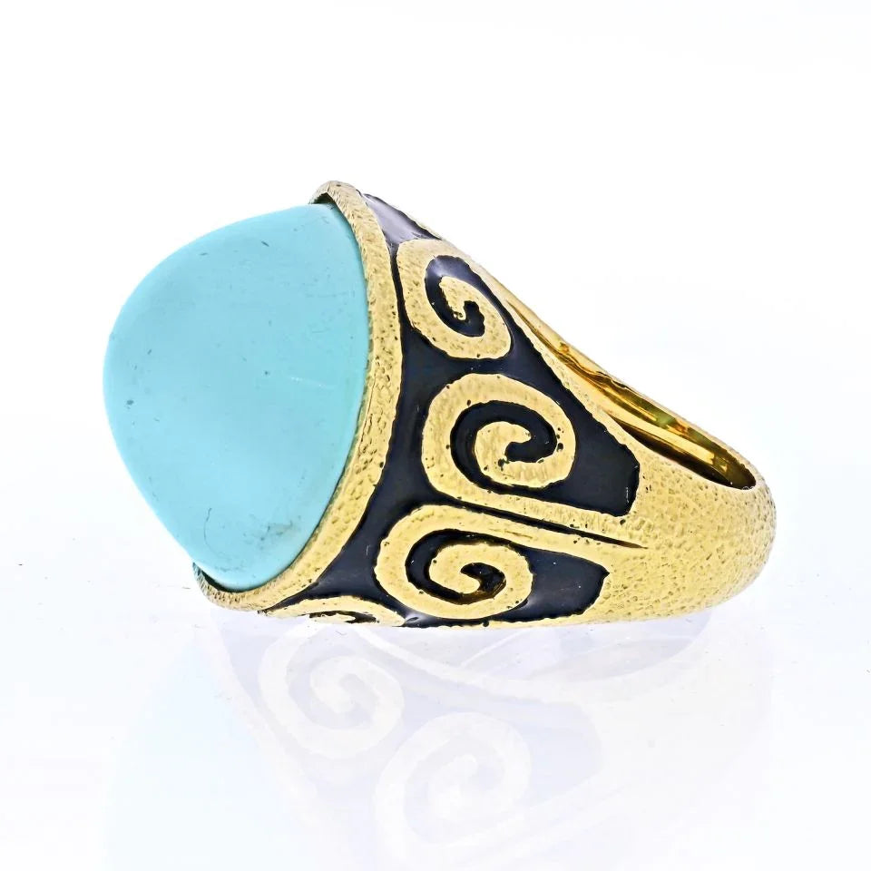 David Webb Platinum & 18K Yellow Gold Light Blue Turquoise Vintage Ring - The Back Vault